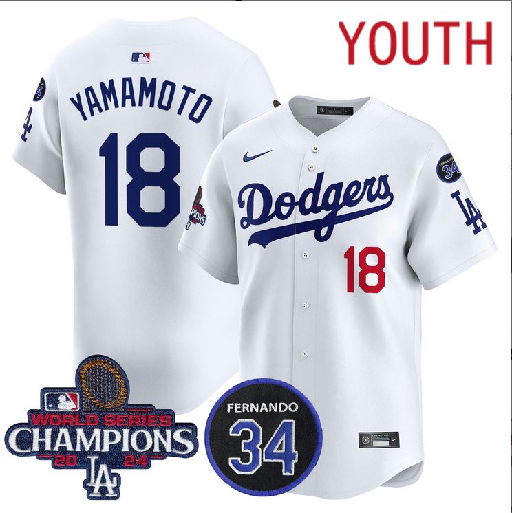 Youth MLB Los Angeles Dodgers 18 Yamamoto white 2024 World Series Champions Patch Limited Jersey